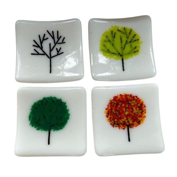 Multicolored Fused Glass Square Dishes‎ Seasons Of A Tree Plates Set of 4 - Picture 1 of 12
